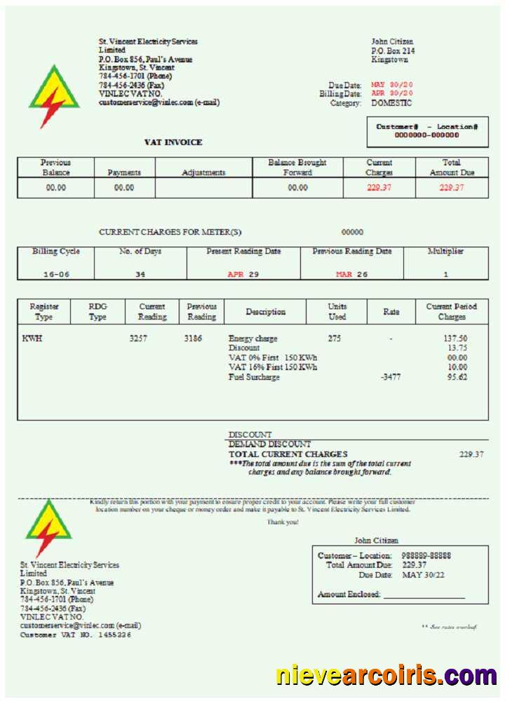 Saint Vincent and the Grenadines St Vincent Electricity Services utility bill
